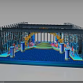 Ornate Stage With Metal Frame Blue Floor Decorative Arch Orange Pink Decor And Glowing Platform