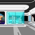 Modern Hi tech Interior Space With Glass Walls And Digital Screens Showing Night Fireworks