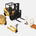 Yellow Industrial Forklift With Pallet Trucks Hand Trucks And Cardboard Boxes