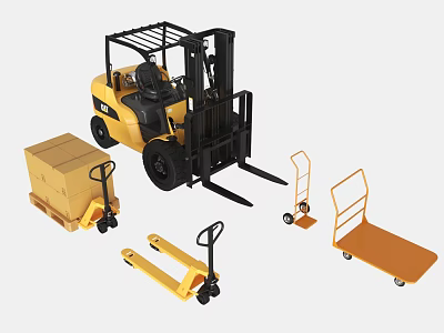 Yellow Industrial Forklift With Pallet Trucks Hand Trucks And Cardboard Boxes 3d model