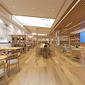Book Art Gallery Interior With Wooden Shelves Reading Tables And Art Decor
