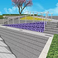 Outdoor Staircase with Landscaped Lawn Pink Flowering Trees Purple and Yellow Flower Beds and Railing