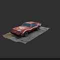 Red Vintage Car with White Graphics Damaged Front End Parked on Cracked Concrete Surface