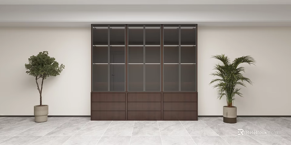 Modern Wine Cabinet With Glass Doors And Wooden Drawers In Sleek Interior 3d model 