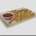 Delicious Crunchy Breadsticks Served With Red Dipping Sauce On Marble Plate