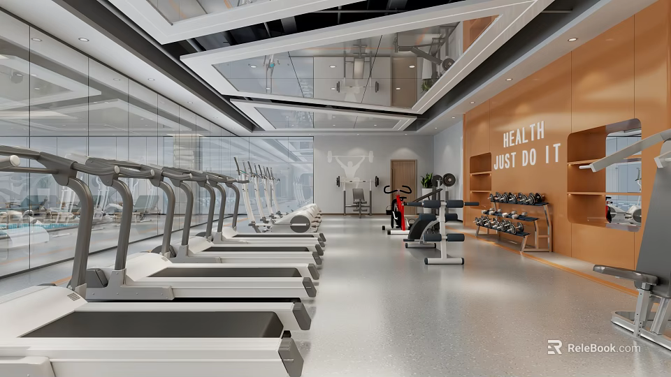 Spacious Modern Gym Interior Featuring Treadmills Dumbbells And Health Motivational Sign 3d model 