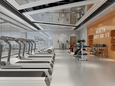 Spacious Modern Gym Interior Featuring Treadmills Dumbbells And Health Motivational Sign 3d model