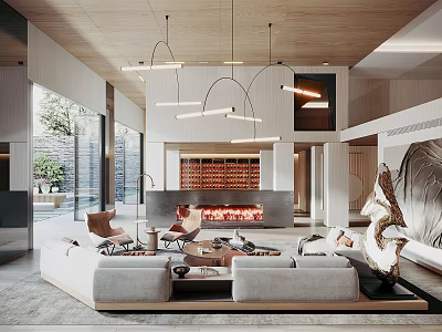 Modern Duplex Living Room Interior Design With Pendant Lights Fireplace And Sofa 3d model