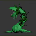 Green Mythical Fantasy Animal With Open Mouth Sharp Teeth And Leafy Tentacles