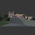 Red Brick Courtyard Buildings with Green Trees Lawns Roads and Scaled Model Layout