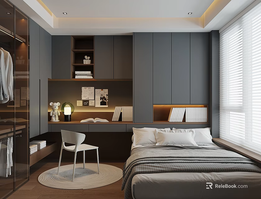 Modern Tatami Bedroom Interior Design With Bed Desk Built in Bookshelf And Window 3d model 