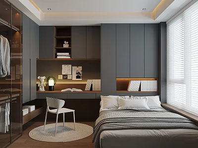Modern Tatami Bedroom Interior Design With Bed Desk Built in Bookshelf And Window 3d model