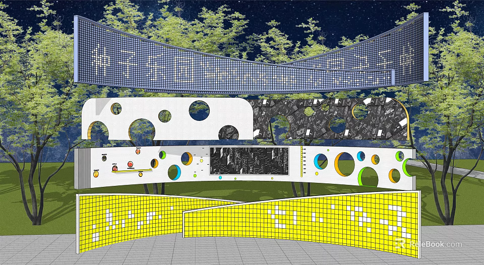 Modern Building Facade With Mesh Structure Circular Openings Yellow White Panels And Decorative Patterns 3d model