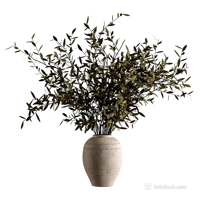 Textured Ceramic Vase With Lush Green Olive Branches For Home Interior Decor 3d model