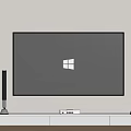 Projection Monitoring Display Screen On White Wall With White TV Stand And Black Speakers