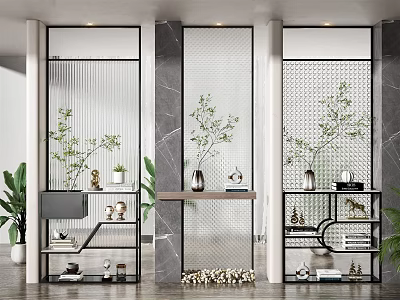 Modern Room Divider Design With Glass Panels Decorative Plants And Shelves 3d model