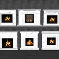 Various White Marble Fireplace Designs With Fires Burning Against Gray Concrete Wall 3d model