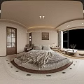 Modern Cozy Bedroom Interior With Wooden Bed Nightstand Decorative Painting Table Lamp And Curtains