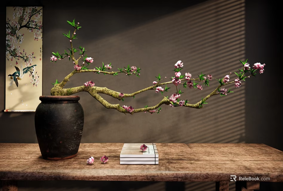 Ceramic Jar With Pink Flowers Branch On Wooden Table Beside Books And Scattered Petals 3d model 