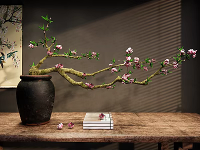 Ceramic Jar With Pink Flowers Branch On Wooden Table Beside Books And Scattered Petals 3d model