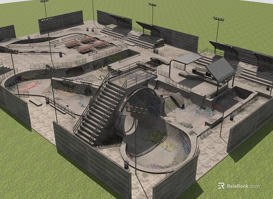 Outdoor Skate Park Design Featuring Ramps Stairs Rails Lights And Graffiti Covered Terrain 3d model 