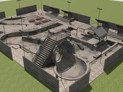 Outdoor Skate Park Design Featuring Ramps Stairs Rails Lights And Graffiti Covered Terrain 3d model