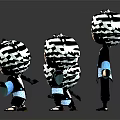 Four White Haired Cartoon Character Figures With Blue And White Outfits In Different Sizes