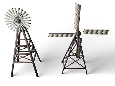 Two Windmills With Horizontal And Vertical Blades On Metal Frames 3d model