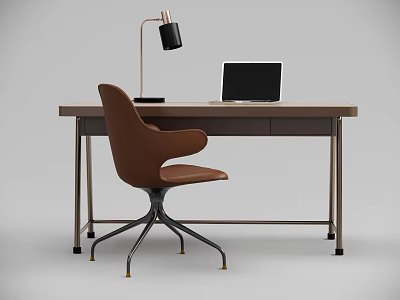 Elegant Modern Wooden Desk With Brown Chair Laptop And Table Lamp 3d model