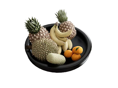 Assorted Fresh Fruits Including Pineapples Bananas Durian Honeydew Melon And Oranges On Black Plate 3d model