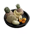 Assorted Fresh Fruits Including Pineapples Bananas Durian Honeydew Melon And Oranges On Black Plate