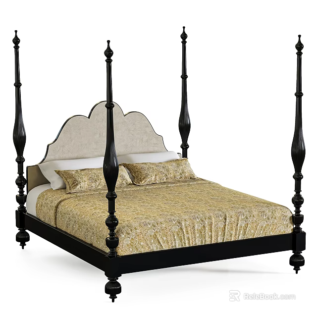 Classic Four Poster Double Bed With Black Frame And Upholstered Beige Headboard 3d model 
