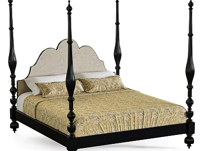 Classic Four Poster Double Bed With Black Frame And Upholstered Beige Headboard 3d model