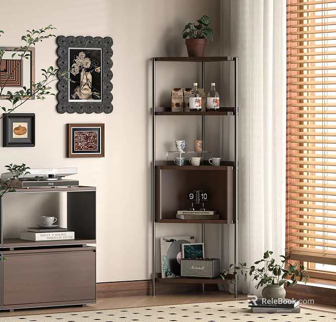 Multi Tier Wooden Metal Bookshelf Featuring Decorative Items Potted Plant Near Window Blinds and Wall Art 3d model 