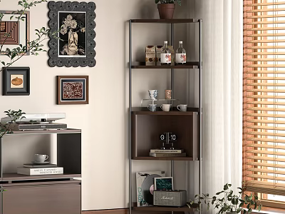 Multi Tier Wooden Metal Bookshelf Featuring Decorative Items Potted Plant Near Window Blinds and Wall Art 3d model