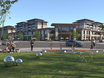 Modern Commercial Street Featuring Stylish Buildings Green Spaces Pedestrians and Decorative Metal Sculptures 3d model