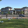 Modern Commercial Street Featuring Stylish Buildings Green Spaces Pedestrians and Decorative Metal Sculptures