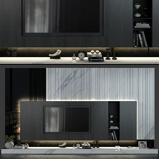 Modern TV Wall Design With Marble Texture And Floating Shelves Lighting 3d model