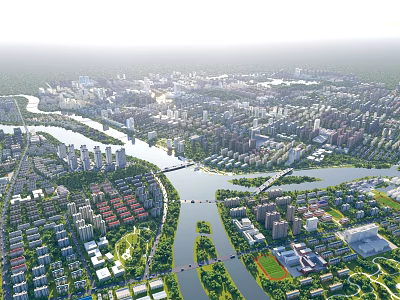 Aerial Planning of Urban City with River Green Spaces and Buildings 3d model