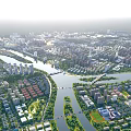 Aerial Planning of Urban City with River Green Spaces and Buildings
