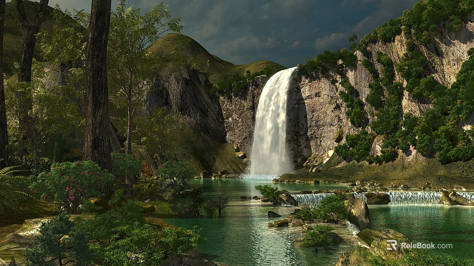 Scenic Waterfall Surrounded By Lush Green Trees Rocky Mountains And Clear Blue Pool 3d model 