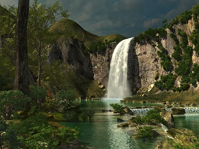 Scenic Waterfall Surrounded By Lush Green Trees Rocky Mountains And Clear Blue Pool 3d model