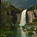 Scenic Waterfall Surrounded By Lush Green Trees Rocky Mountains And Clear Blue Pool