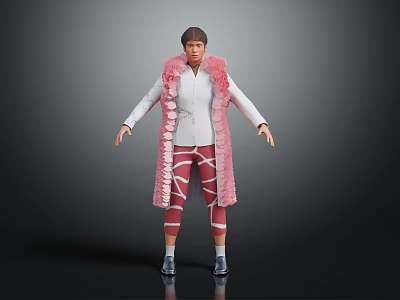 3D Render Character Wearing Pink Feather Decorated Coat White Top Strapped Pants And Silver Boots 3d model
