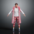 3D Render Character Wearing Pink Feather Decorated Coat White Top Strapped Pants And Silver Boots