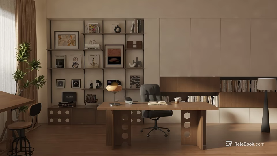 Modern Study Room Interior With Wooden Desk Bookshelves And Decorative Artworks 3d model 