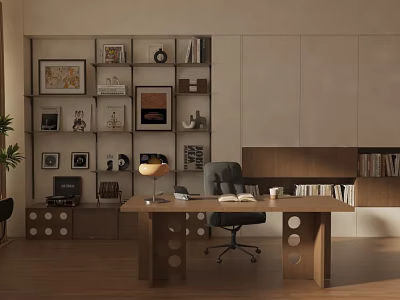 Modern Study Room Interior With Wooden Desk Bookshelves And Decorative Artworks 3d model