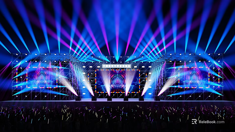 Colorful Concert Stage with Large LED Screen and Audience Waving Light Sticks 3d model 