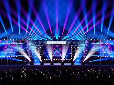 Colorful Concert Stage with Large LED Screen and Audience Waving Light Sticks 3d model