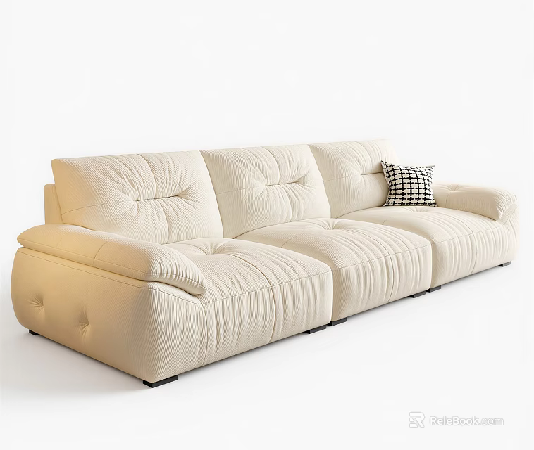 Modern Beige Multi Seat Sofa With Stitched Design And Checkered Cushion 3d model